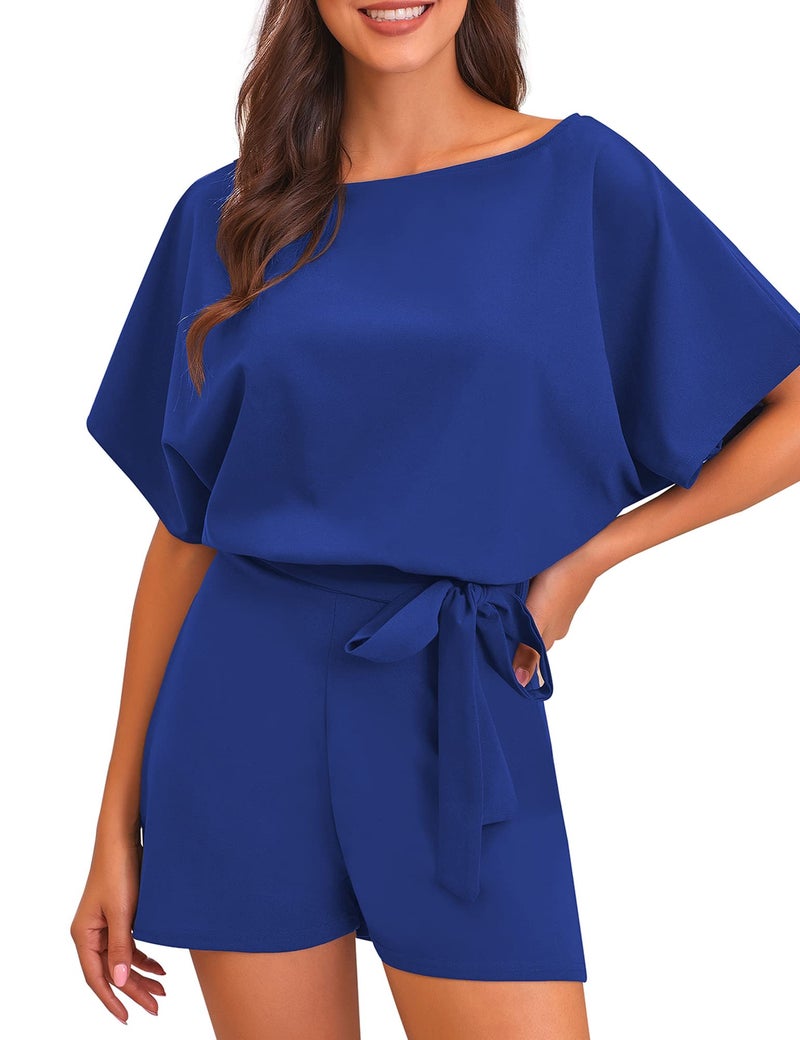 Vetinee Womens Royal Blue Summer Casual Belted Romper Keyhole Back Short Sleeve Jumpsuit Playsuit Medium - Image 5